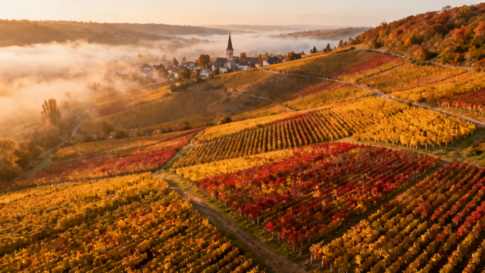 Vignobles de Champagne en automne avec un village