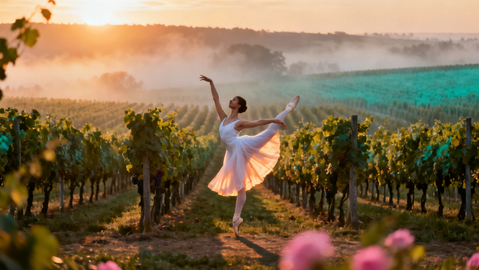 Danseuse dans les vignes de Champagne au coucher du soleil